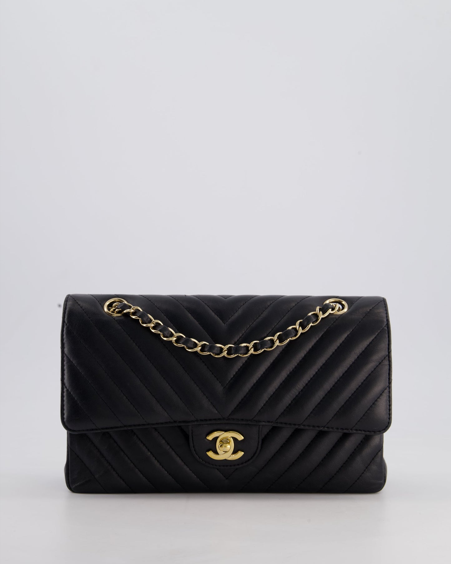 Chanel Black Chevron Medium Classic Double Flap Bag in Lambskin Leather with Gold Hardware
