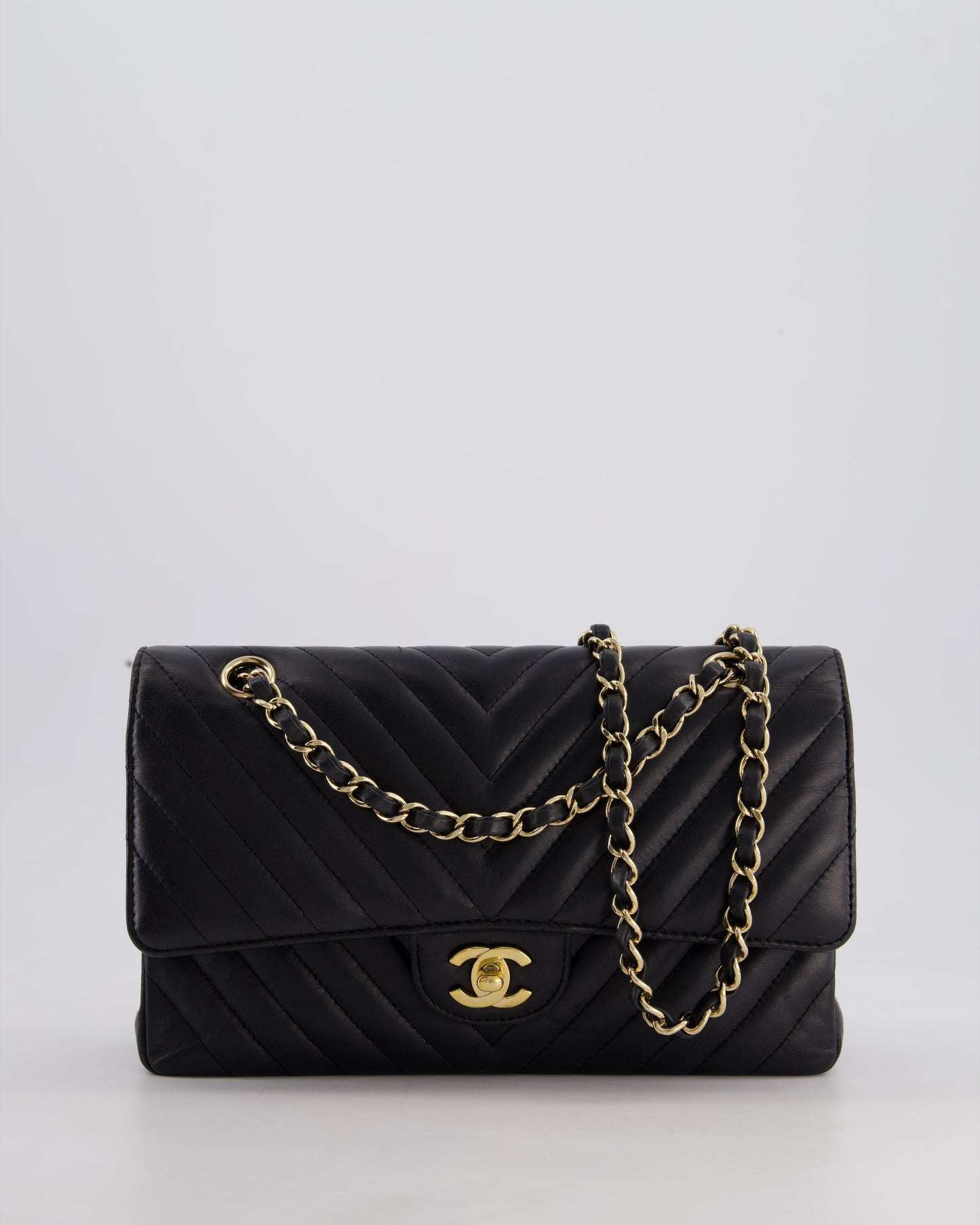 Chanel Black Chevron Medium Classic Double Flap Bag in Lambskin Leather with Gold Hardware