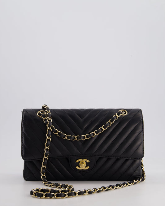 Chanel Black Chevron Medium Classic Double Flap Bag in Lambskin Leather with Gold Hardware
