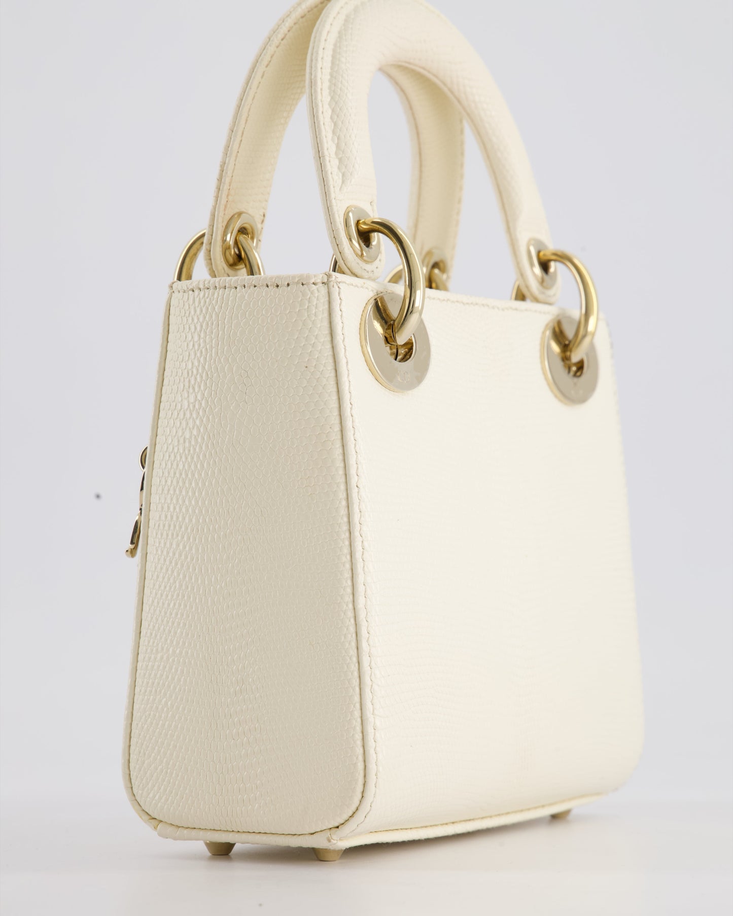 Christian Dior White Lizard Mini Lady Dior Bag with Gold Hardware