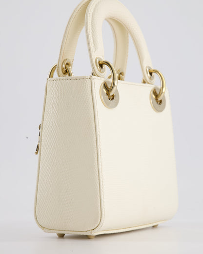 Christian Dior White Lizard Mini Lady Dior Bag with Gold Hardware
