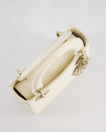 Christian Dior White Lizard Mini Lady Dior Bag with Gold Hardware