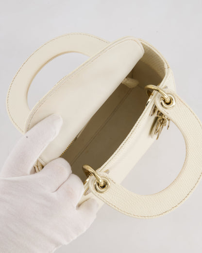 Christian Dior White Lizard Mini Lady Dior Bag with Gold Hardware