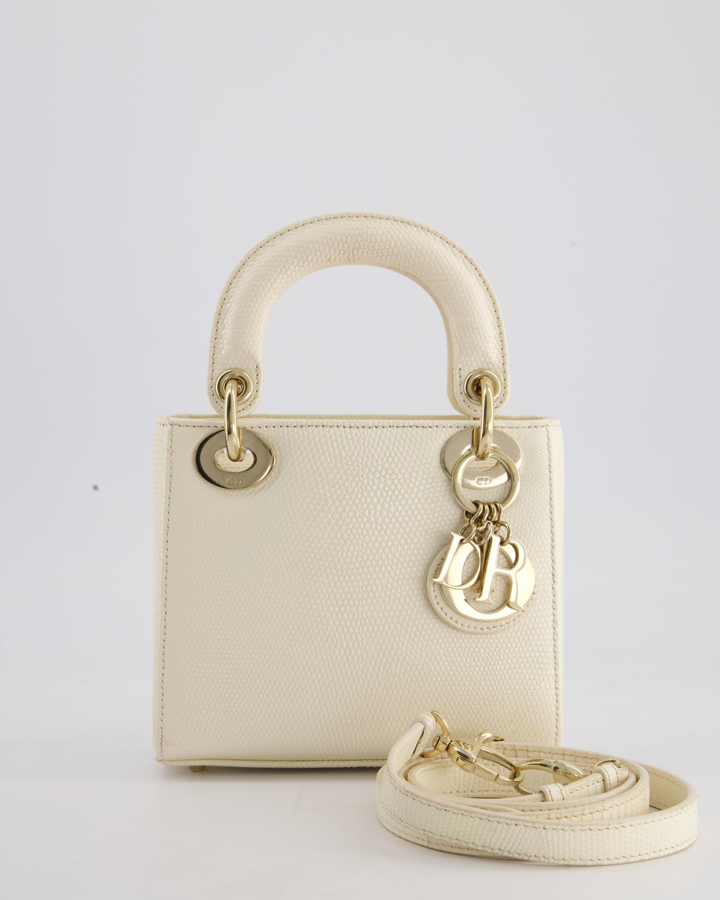 Christian Dior White Lizard Mini Lady Dior Bag with Gold Hardware