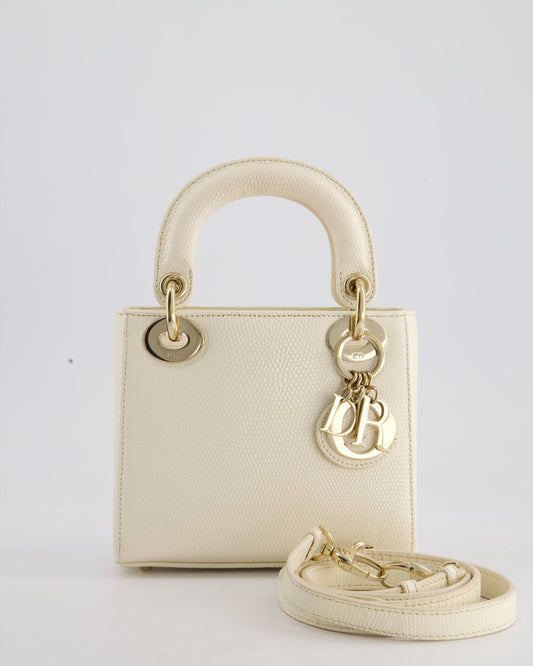 Christian Dior White Lizard Mini Lady Dior Bag with Gold Hardware