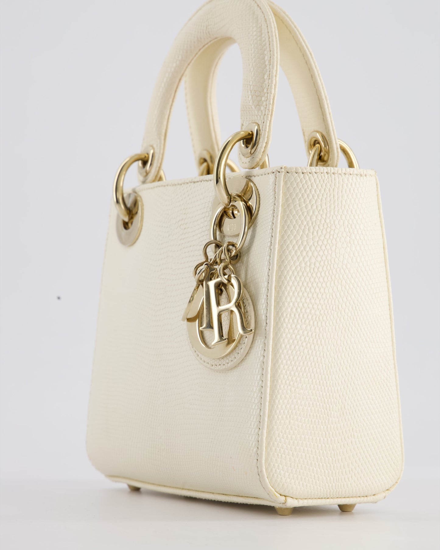 Christian Dior White Lizard Mini Lady Dior Bag with Gold Hardware