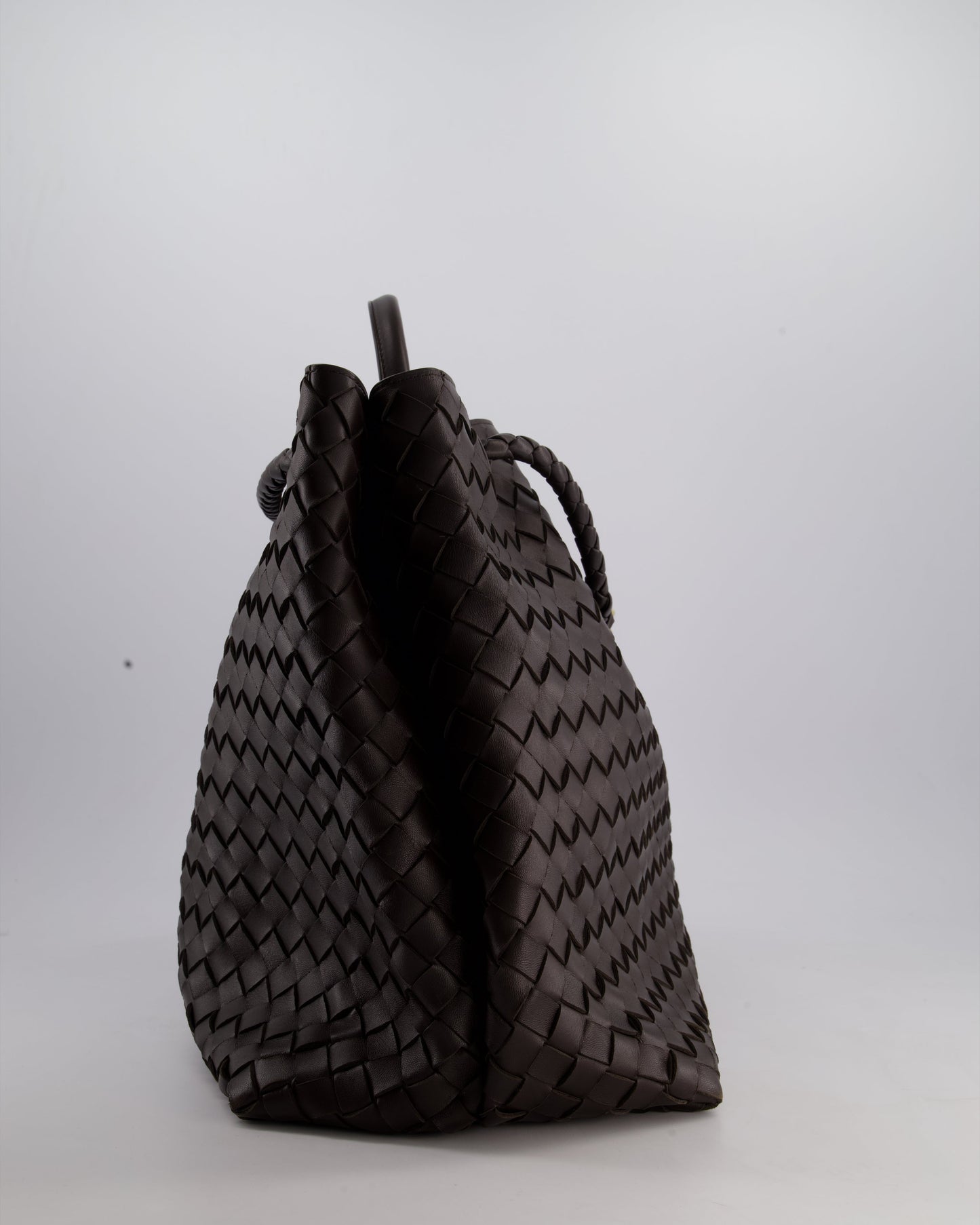 Bottega Veneta Brown Andiamo Large Intrecciato Leather Top Handle Bag with Sliding Cross-Body and Gold Knot Hardware RRP £6,090