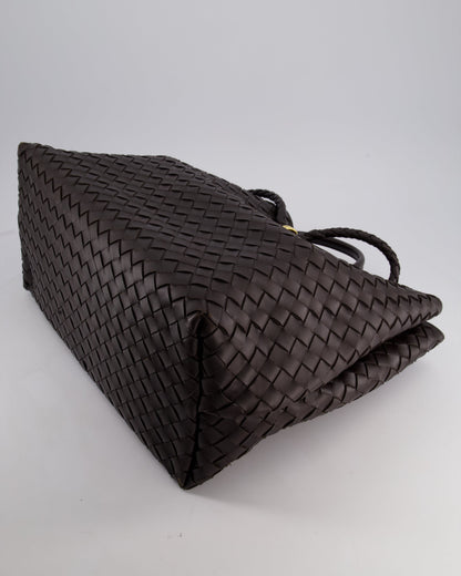 Bottega Veneta Brown Andiamo Large Intrecciato Leather Top Handle Bag with Sliding Cross-Body and Gold Knot Hardware RRP £6,090