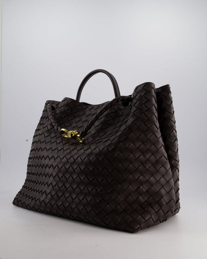 Bottega Veneta Brown Andiamo Large Intrecciato Leather Top Handle Bag with Sliding Cross-Body and Gold Knot Hardware RRP £6,090