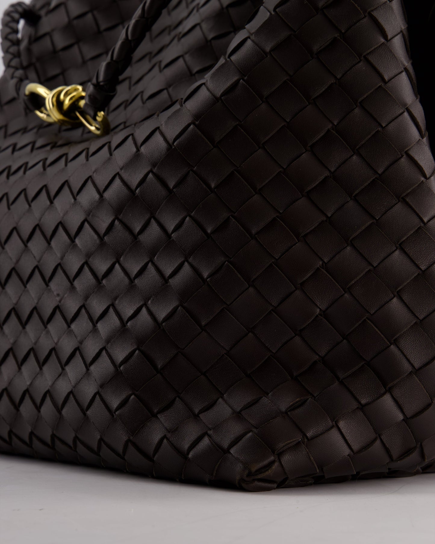 Bottega Veneta Brown Andiamo Large Intrecciato Leather Top Handle Bag with Sliding Cross-Body and Gold Knot Hardware RRP £6,090