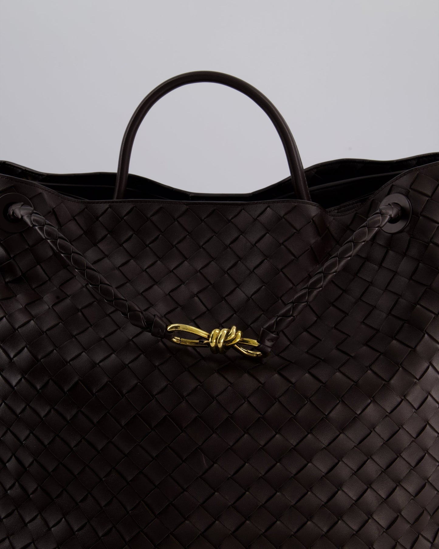 Bottega Veneta Brown Andiamo Large Intrecciato Leather Top Handle Bag with Sliding Cross-Body and Gold Knot Hardware RRP £6,090