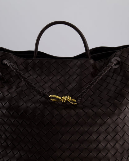 Bottega Veneta Brown Andiamo Large Intrecciato Leather Top Handle Bag with Sliding Cross-Body and Gold Knot Hardware RRP £6,090