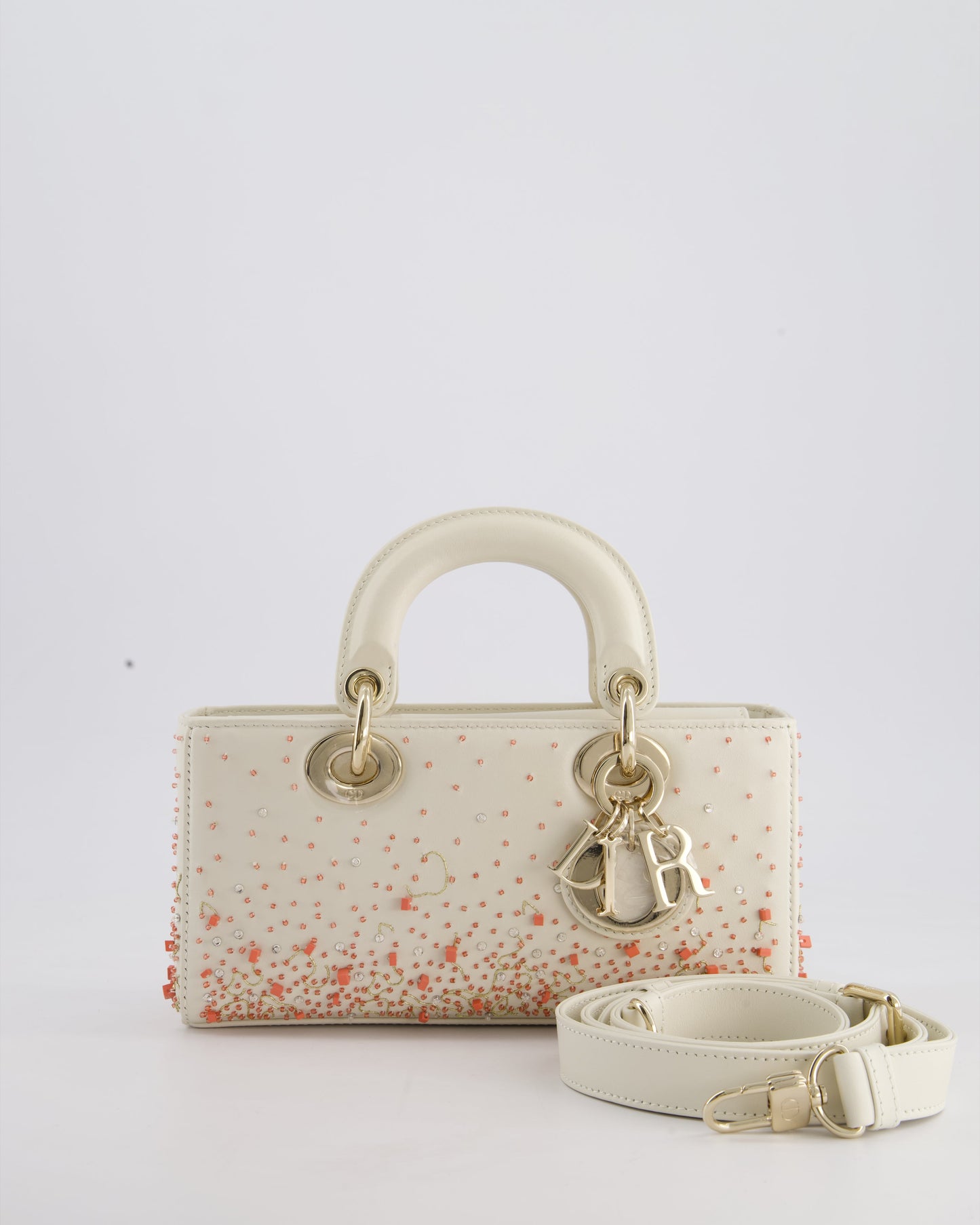 Christian Dior White Coral Embroidery Gradient Lady D-Joy Bag with Gold Hardware