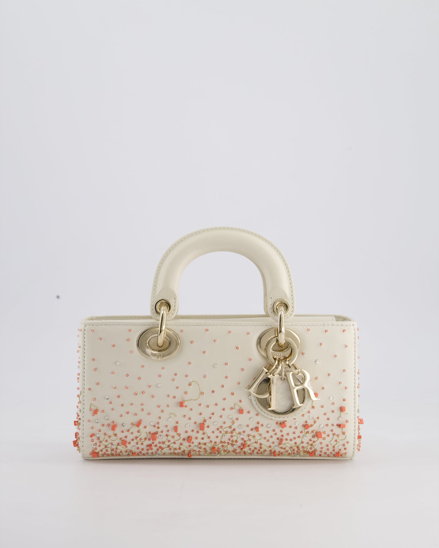 Christian Dior White Coral Embroidery Gradient Lady D-Joy Bag with Gold Hardware
