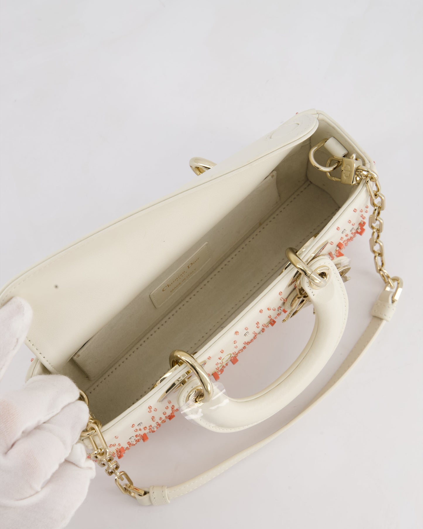 Christian Dior White Coral Embroidery Gradient Lady D-Joy Bag with Gold Hardware