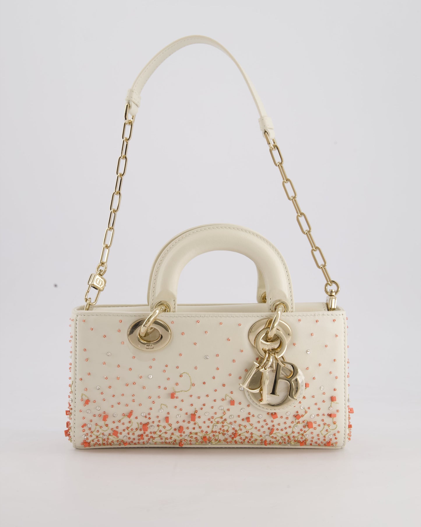 Christian Dior White Coral Embroidery Gradient Lady D-Joy Bag with Gold Hardware