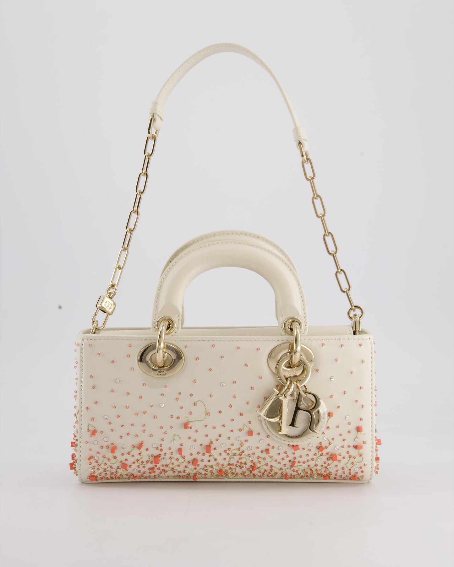 Christian Dior White Coral Embroidery Gradient Lady D-Joy Bag with Gold Hardware