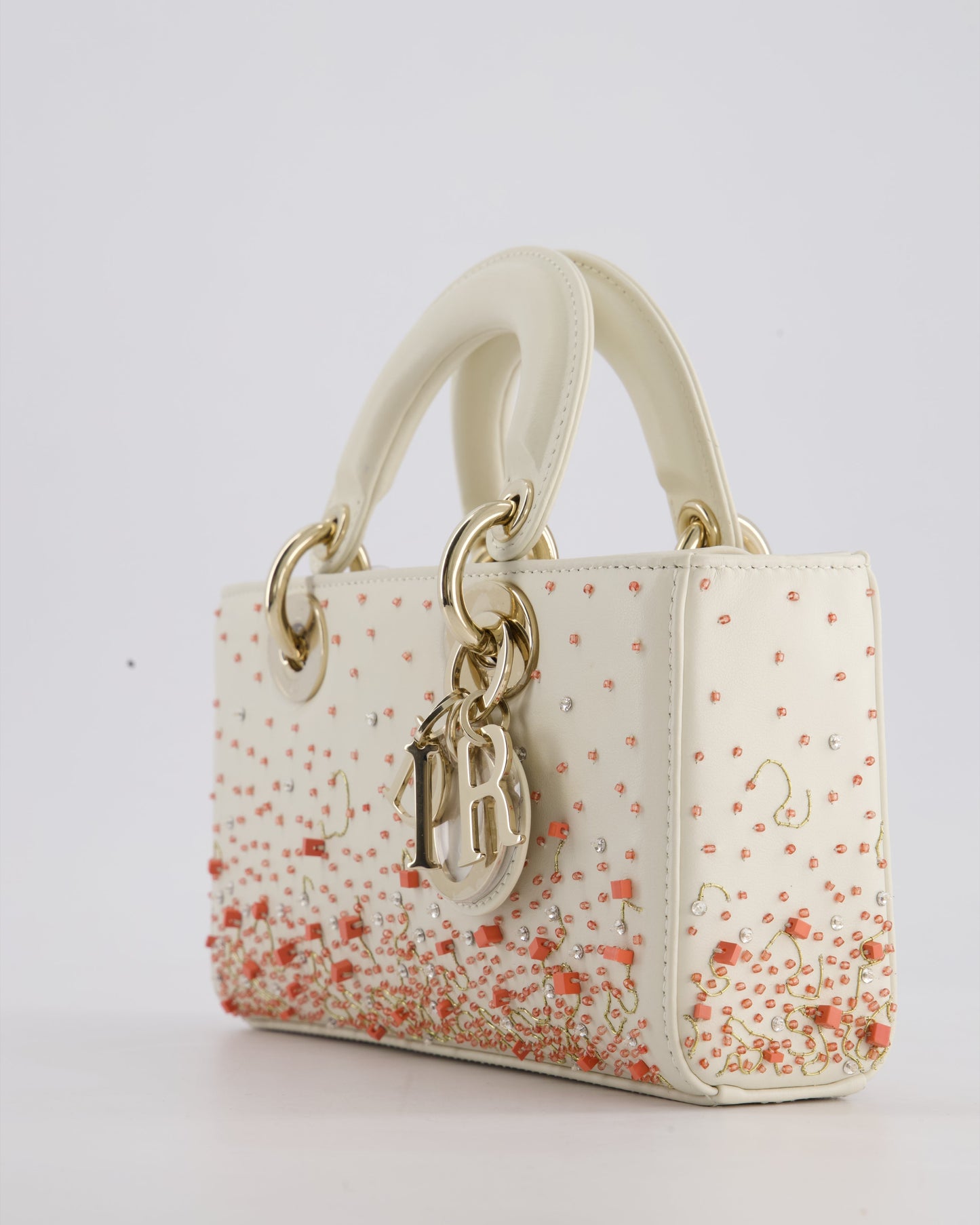 Christian Dior White Coral Embroidery Gradient Lady D-Joy Bag with Gold Hardware