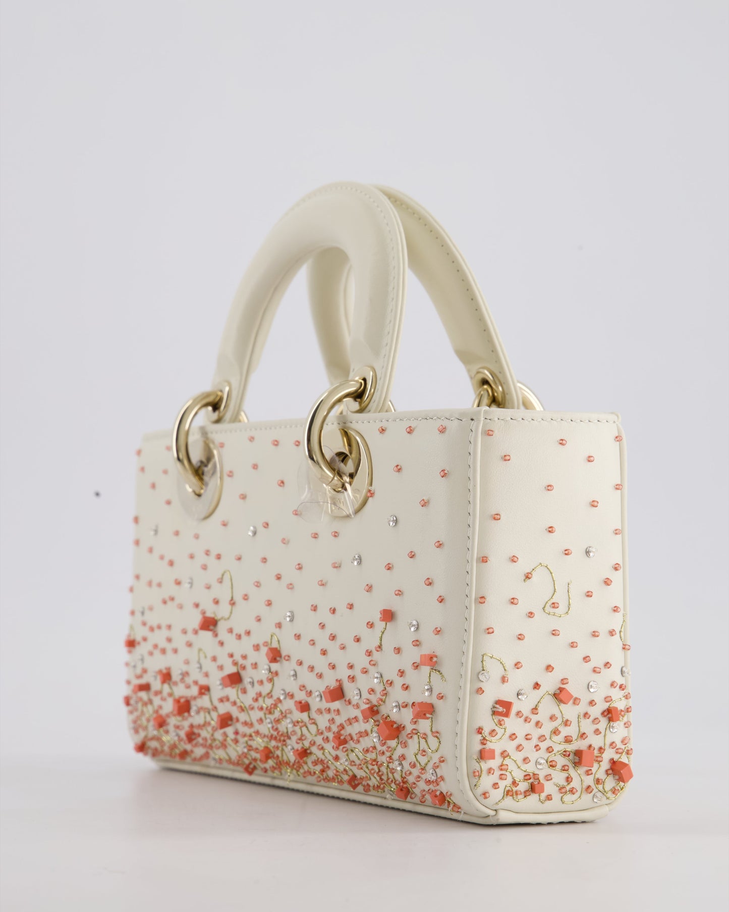 Christian Dior White Coral Embroidery Gradient Lady D-Joy Bag with Gold Hardware