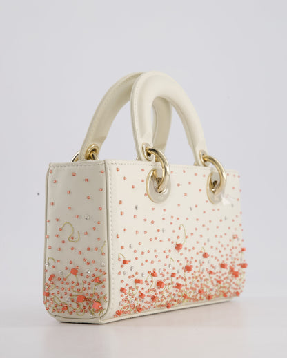 Christian Dior White Coral Embroidery Gradient Lady D-Joy Bag with Gold Hardware