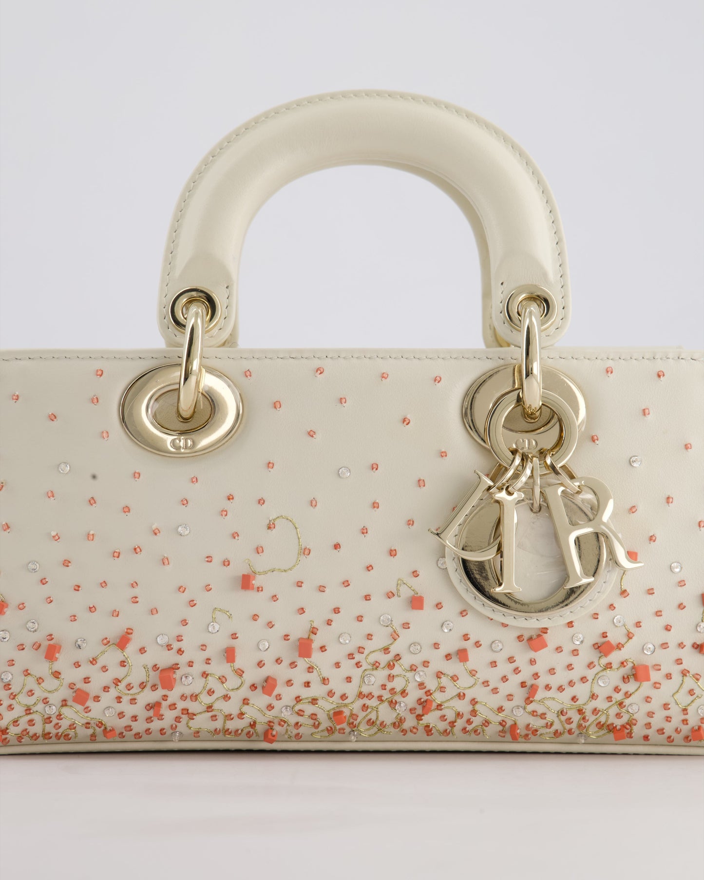 Christian Dior White Coral Embroidery Gradient Lady D-Joy Bag with Gold Hardware