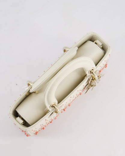 Christian Dior White Coral Embroidery Gradient Lady D-Joy Bag with Gold Hardware