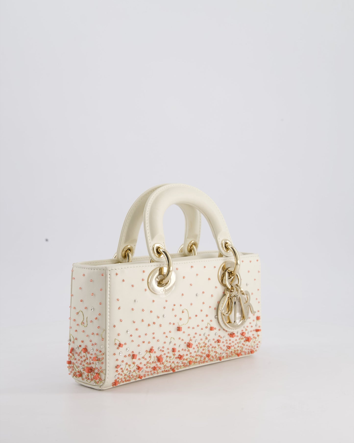 Christian Dior White Coral Embroidery Gradient Lady D-Joy Bag with Gold Hardware