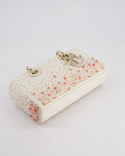 Christian Dior White Coral Embroidery Gradient Lady D-Joy Bag with Gold Hardware