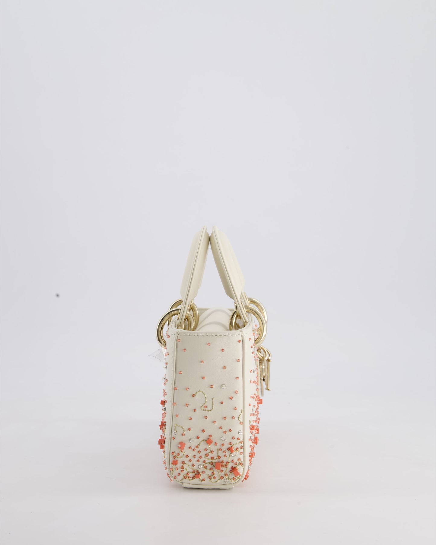 Christian Dior White Coral Embroidery Gradient Lady D-Joy Bag with Gold Hardware