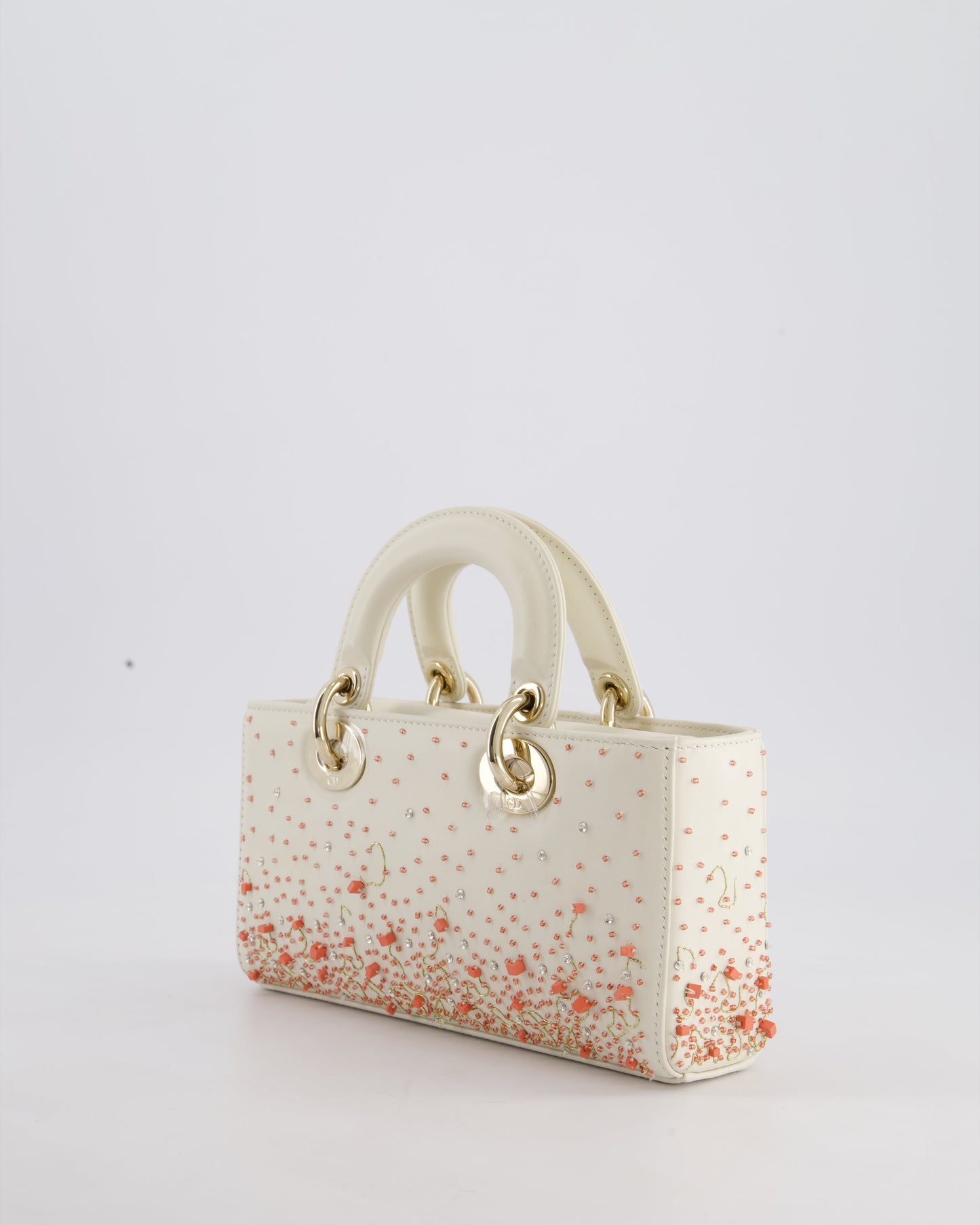 Christian Dior White Coral Embroidery Gradient Lady D-Joy Bag with Gold Hardware