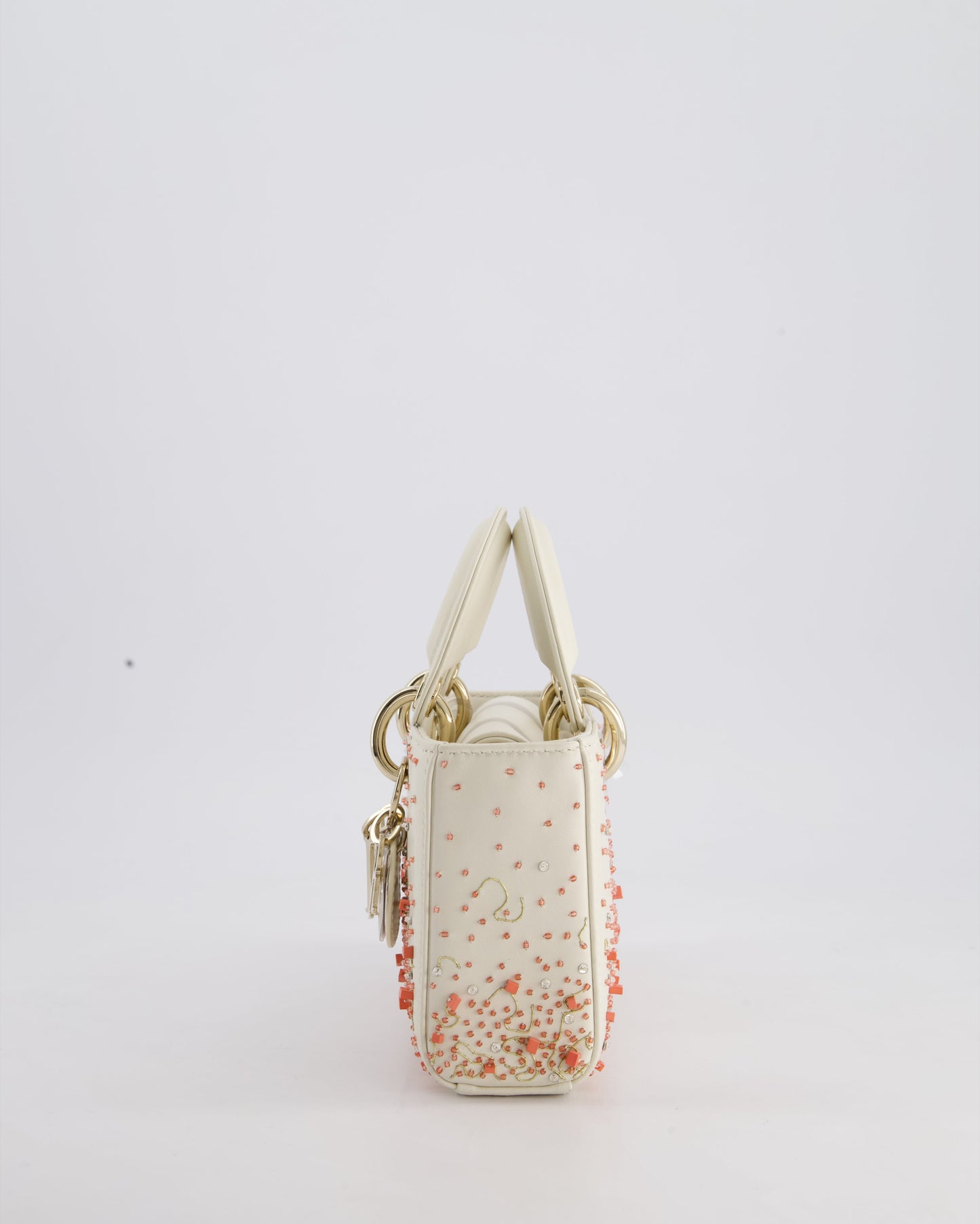 Christian Dior White Coral Embroidery Gradient Lady D-Joy Bag with Gold Hardware