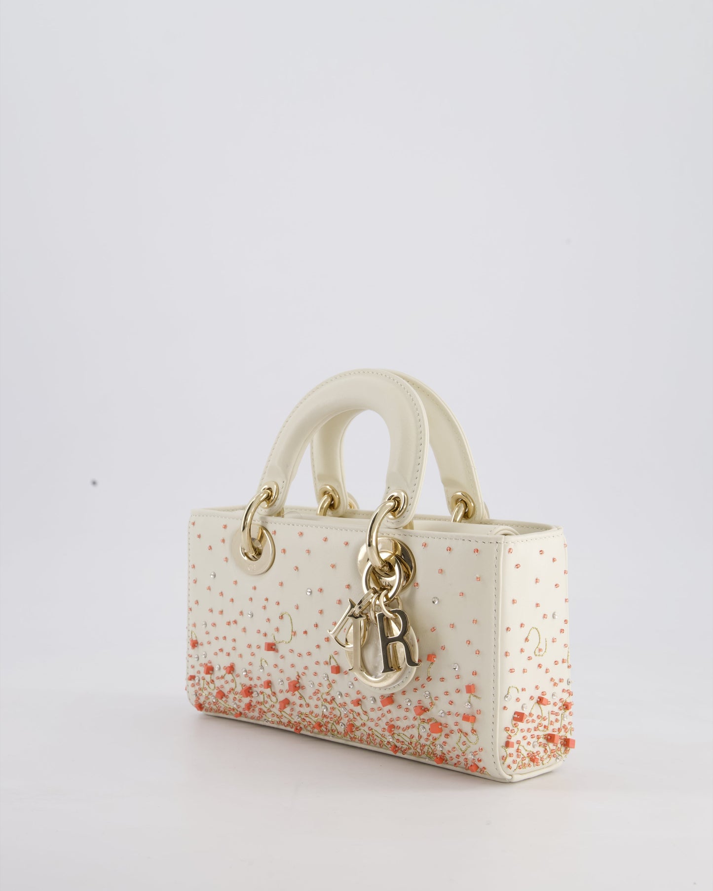 Christian Dior White Coral Embroidery Gradient Lady D-Joy Bag with Gold Hardware