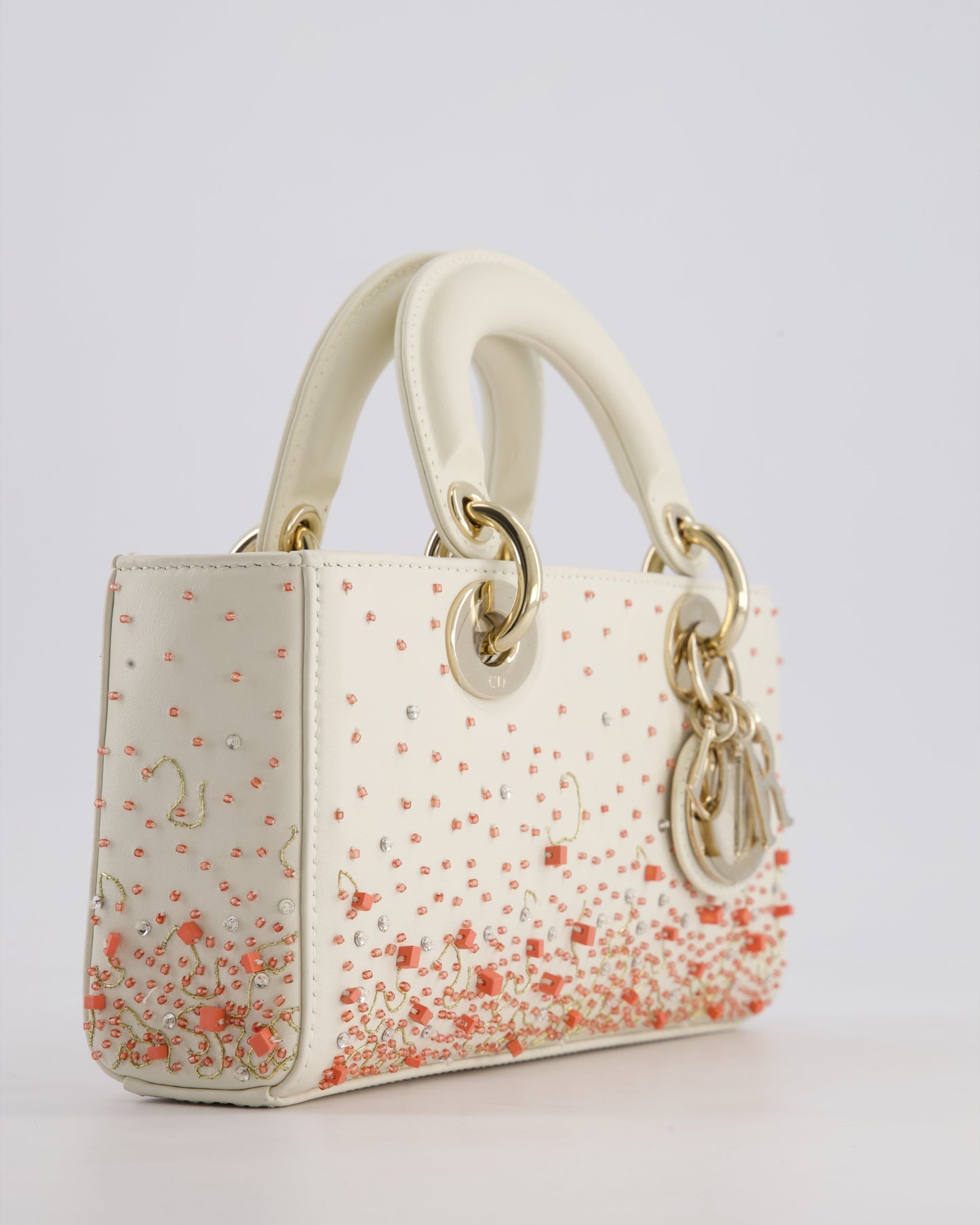 Christian Dior White Coral Embroidery Gradient Lady D-Joy Bag with Gold Hardware