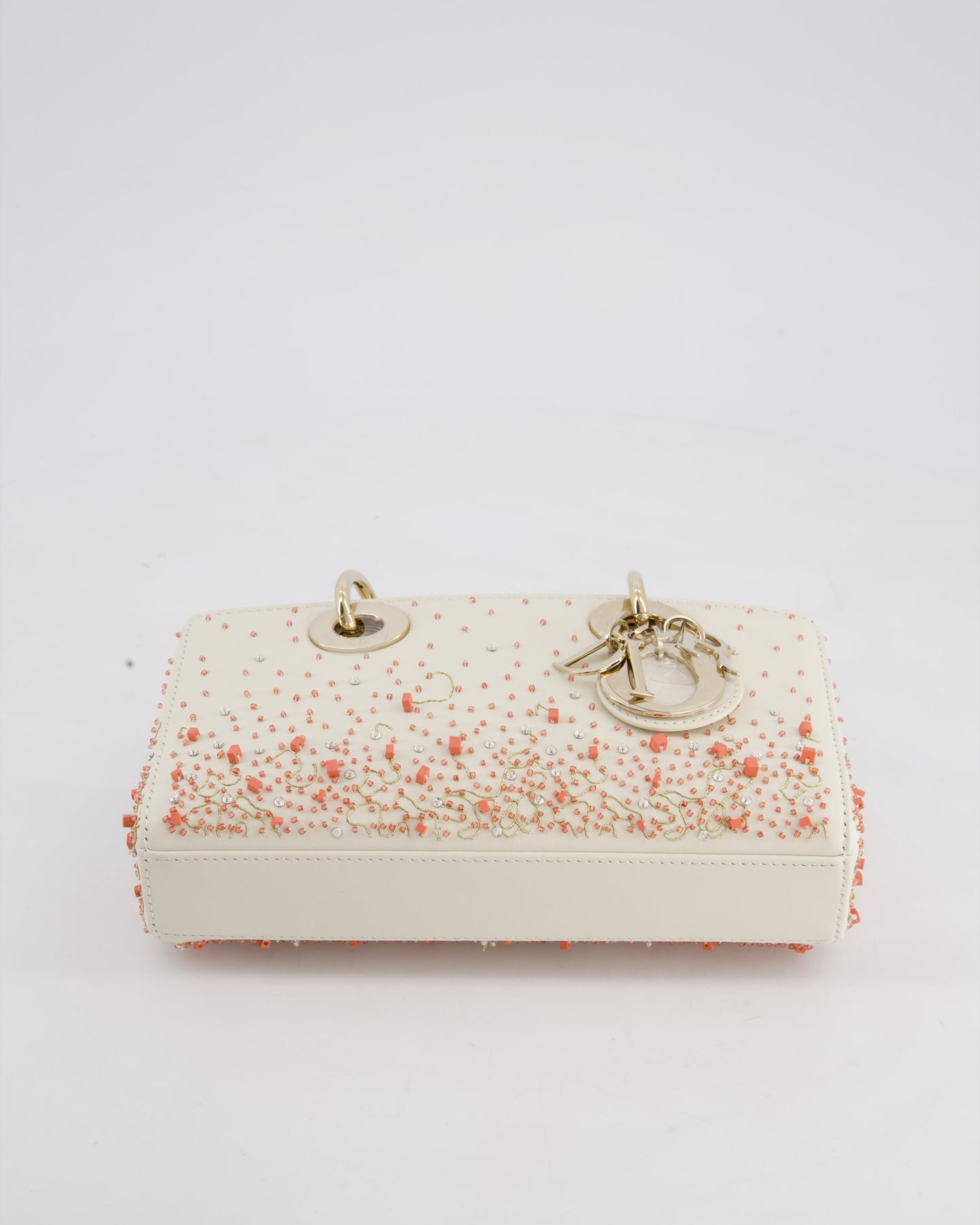Christian Dior White Coral Embroidery Gradient Lady D-Joy Bag with Gold Hardware