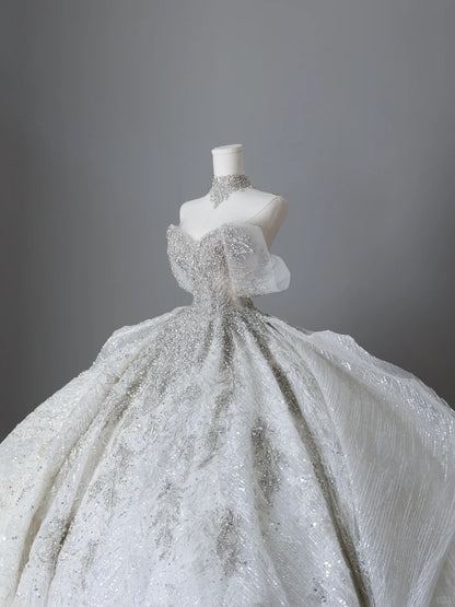 White off-the-shoulder wedding dress with sparkling diamonds and luxurious floor-length design P2509