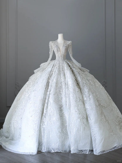 Elegant V-neck swan neck long sleeves heavy luxury floor-length wedding dress P2510