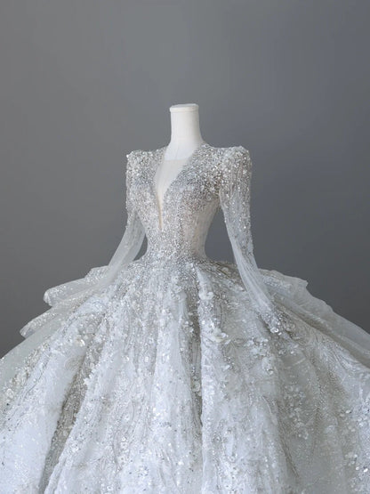 Elegant V-neck swan neck long sleeves heavy luxury floor-length wedding dress P2510