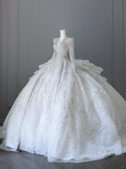 Elegant V-neck swan neck long sleeves heavy luxury floor-length wedding dress P2510