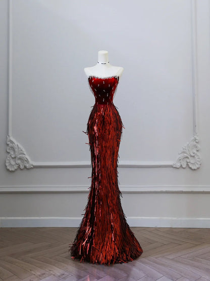 Unique Red Mermaid Velvet Beaded Fitted Floor-Length Prom Dress P2511