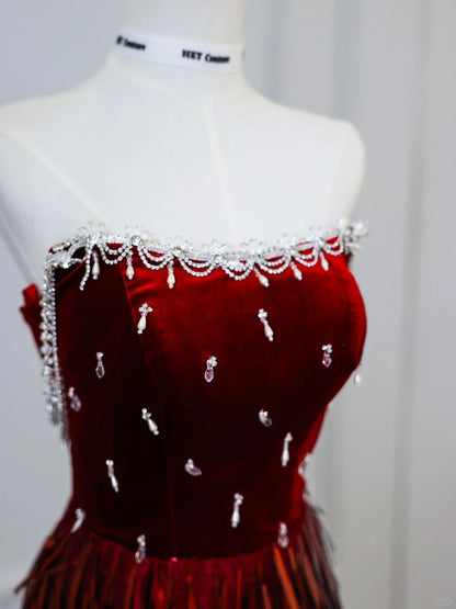 Unique Red Mermaid Velvet Beaded Fitted Floor-Length Prom Dress P2511