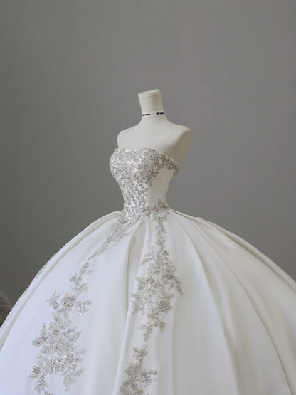 Elegant White Beaded Strapless Satin Floor-Length Wedding Dress P2512