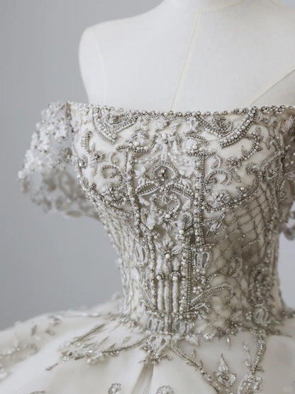 Dreamy Tulle Off-the-shoulder Beaded Luxury Floor-length Wedding Dress P2513