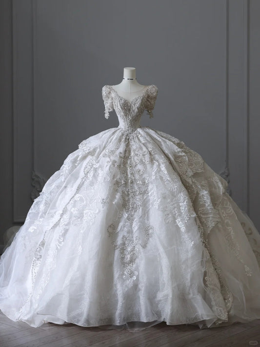 White Short Sleeve Heavy Lace Diamond Round Neck Floor-Length Wedding Dress P2515