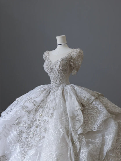 White Short Sleeve Heavy Lace Diamond Round Neck Floor-Length Wedding Dress P2515