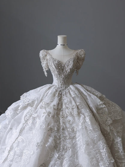 White Short Sleeve Heavy Lace Diamond Round Neck Floor-Length Wedding Dress P2515