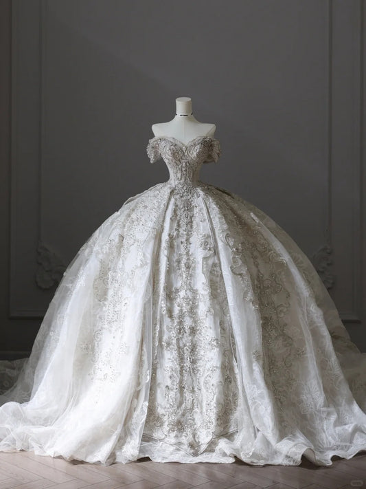 Vintage White Off-the-shoulder Sweetheart Neckline Luxury Lace Princess Floor-length Wedding Dress P2516