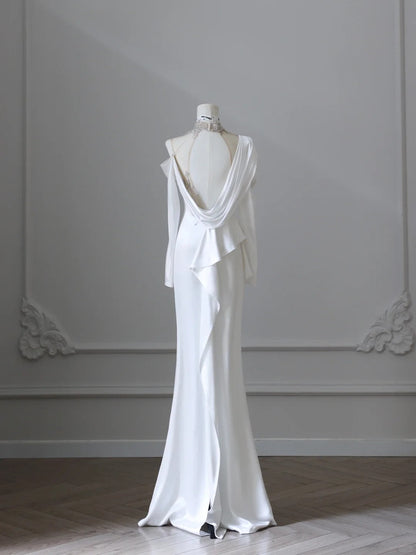 Elegant White Asymmetric Off-the-shoulder Long Sleeve Lace Applique Satin Mermaid Wedding Dress P2517