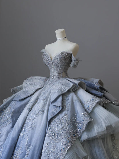 Dreamy Blue Gradient Off-the-shoulder Beaded Luxury Floor-length Wedding Dress P2518