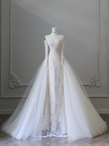 Unique White Elegant Lace Mermaid Wedding Dress P2519