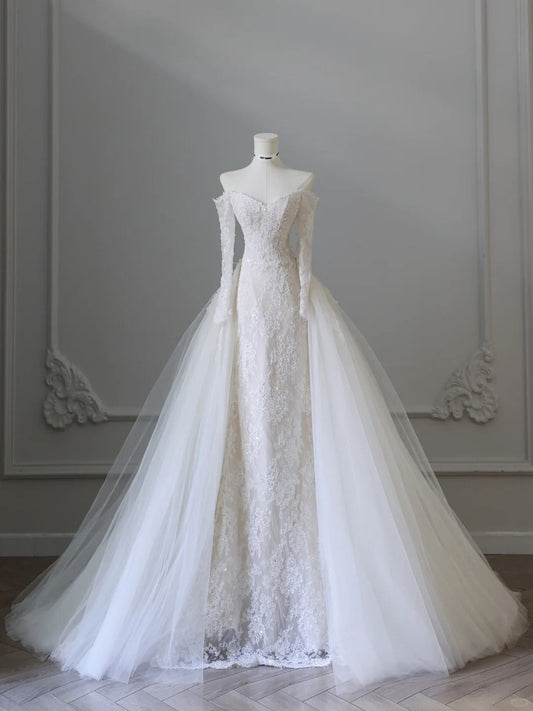 Unique White Elegant Lace Mermaid Wedding Dress P2519